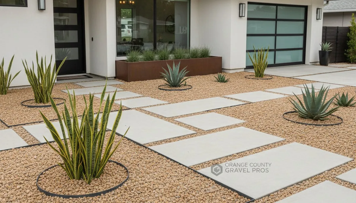 Modern pea gravel landscape with geometric design in Orange County, CA by Chop Chop Landscaping