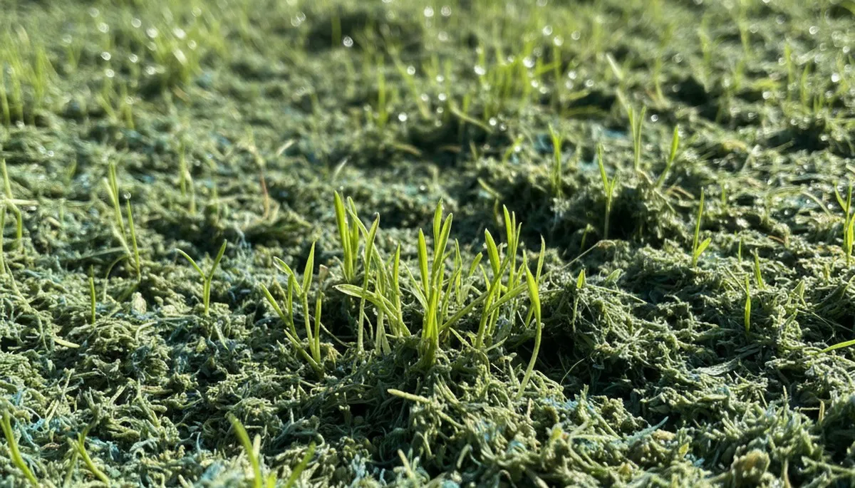 Hydroseeding grass seedlings emerging in Orange County, CA lawn by Chop Chop Landscaping